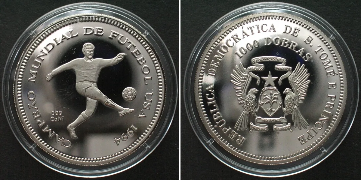 1994 ST. THOMAS & PRINCE - PATTERN 1000 Dobras 1994 SOCCER, Cu-Ni Proof