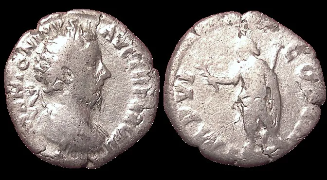 MARCUS AURELIUS AR 17mm, 2.1gm Denarius. Emperor standing, togate, holding branch & scepter.