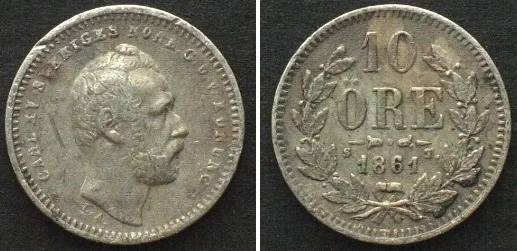 1861 SWEDEN. 10 Öre 1861 S.T., CARL XV, silver XF EF