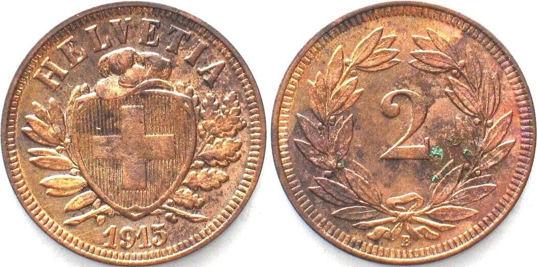 1915 SWITZERLAND 2 Rappen 1915 Bronze UNC-!