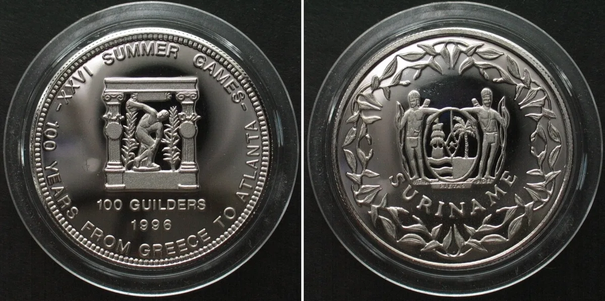 1996 SURINAME 100 Guilders 1996 OLYMPIC GAMES DISCUS THROWER Cu-Ni SCARCE! Proof