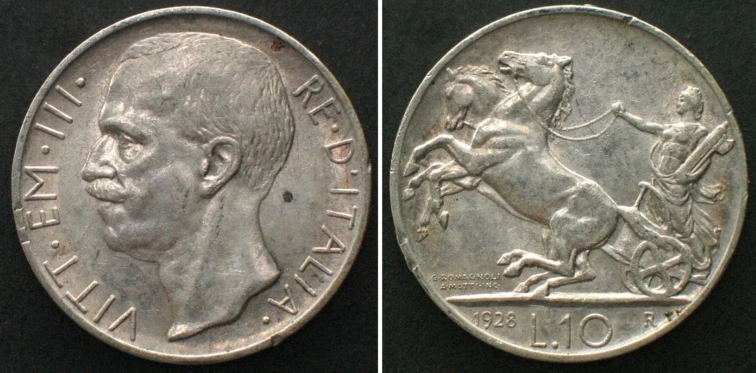 1928 ITALY. 10 Lire 1928 *FERT* VITTORIO EMANUELE III, silver, SCARCE! AU