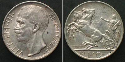 1928 ITALY. 10 Lire 1928 *FERT* VITTORIO EMANUELE III, silver, SCARCE! AU