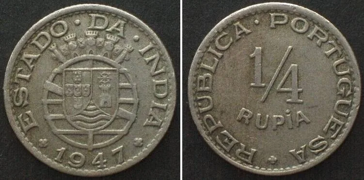 1947 PORTUGUESE INDIA. 1/4 Rupia 1947 Cu-Ni XF EF