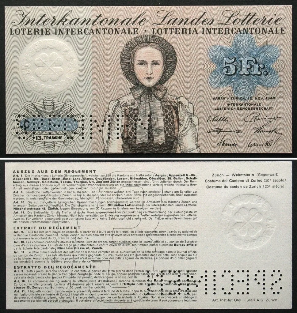 1940 Swisslos INTERKANTONALE LANDES-LOTTERIE - SPECIMEN 5 Francs 1940 RARE! UNC