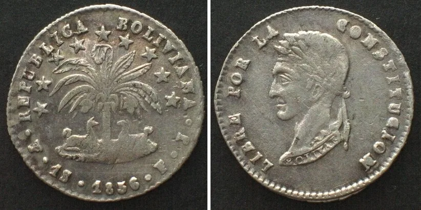 1856 BOLIVIA. 1 Sol 1856 PTS, BOLIVAR silver XF! EF