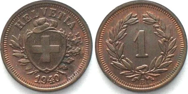 1940 SWITZERLAND 1 Rappen 1940 bronze UNC!