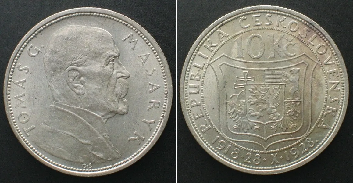 1928 CZECHOSLOVAKIA 10 Korun 1928 Masaryk 10TH ANN. INDEPENDENCE silver BU!