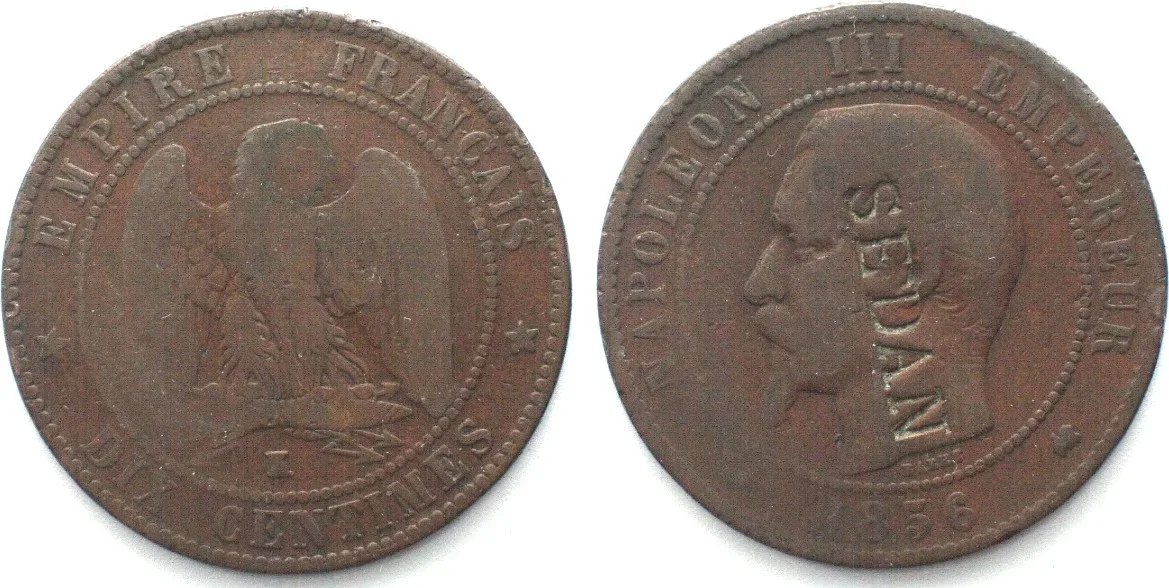 1856 SATYRIC 10 Centimes 1856 K, NAPOLEON III, bronze, countermarked SEDAN VF-