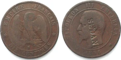 1856 SATYRIC 10 Centimes 1856 K, NAPOLEON III, bronze, countermarked SEDAN VF-