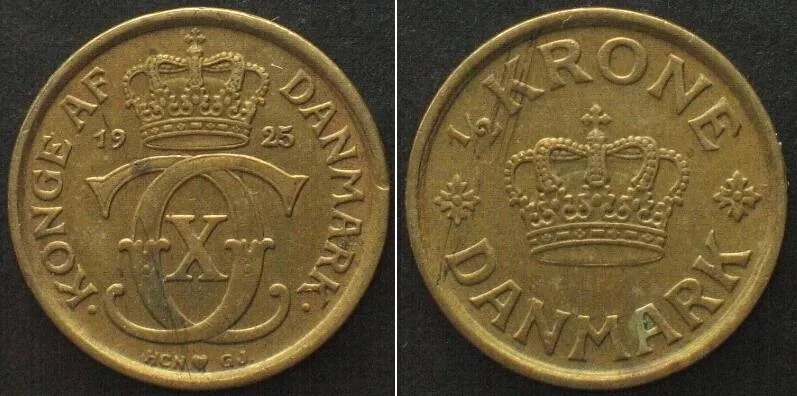 1925 DENMARK. 1/2 Krone 1925, CHRISTIAN X, Al-Br, AU!