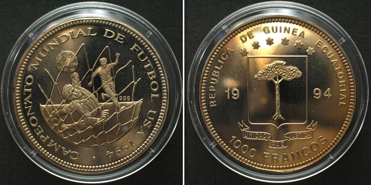 1994 EQUATORIAL GUINEA 1000 Francs 1994 SOCCER WORLD CUP Cu-Ni SCARCE! Proof