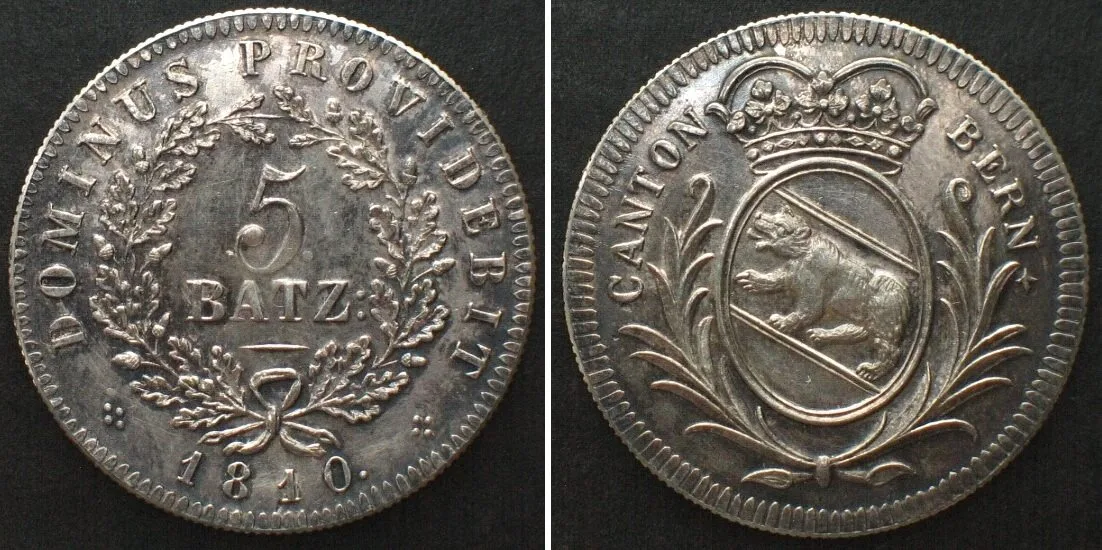 1810 Swiss Cantons BERN 5 Batzen 1810 (1930s Imitation by Jezler) silver SCARCE! UNC-