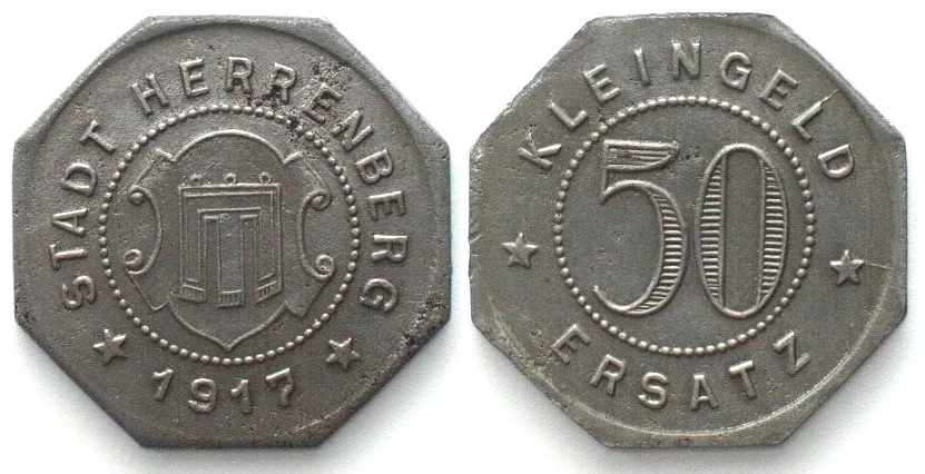 1917 Germany HERRENBERG (Württemberg) 50 Pfennig 1917, NOTGELD iron UNC-