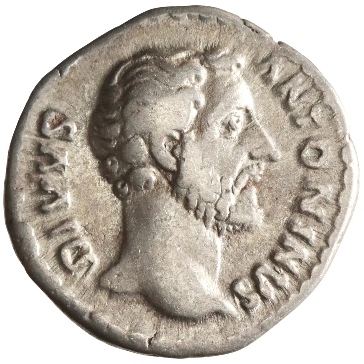 Roman: Antoninus Pius (died 161), silver denarius (3.28g), Rome mint, struck under Marcus Aurelius, 162 CE. Bare head right / Square altar with double doors.