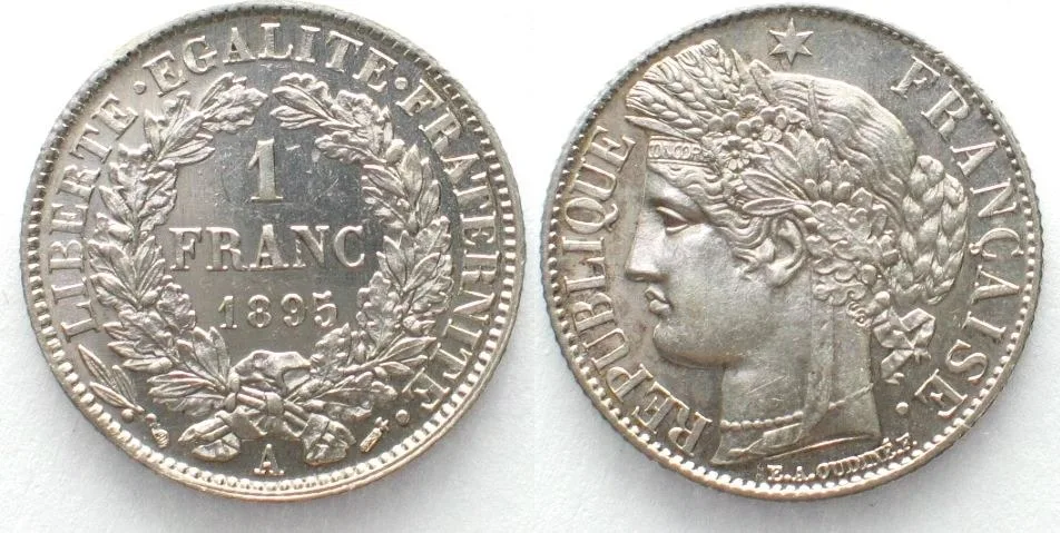 1895 FRANCE 1 Franc 1895 A - Paris OUDINE silver Prooflike Specimen! Prooflike