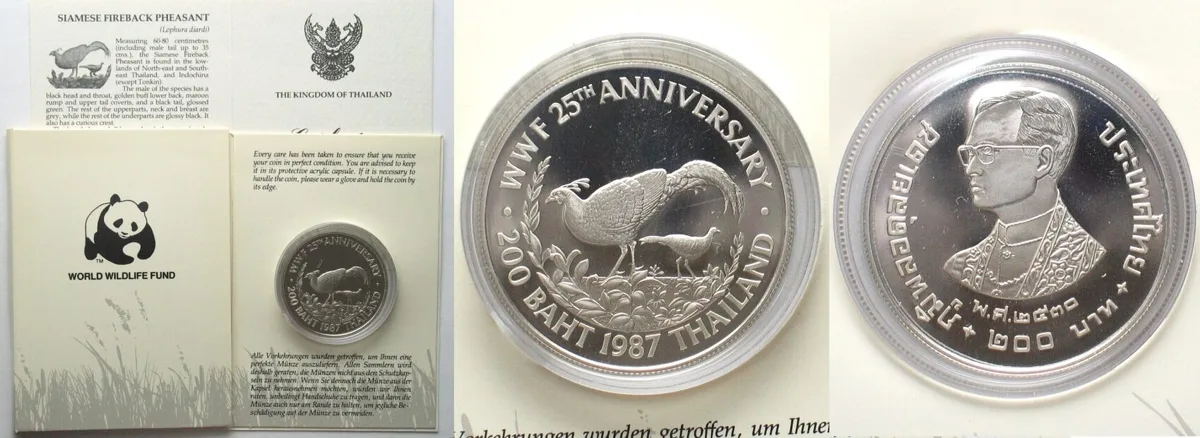 1987 THAILAND. 200 Baht 1987, Siamese Fireback Pheasant, WWF, silver, Proof