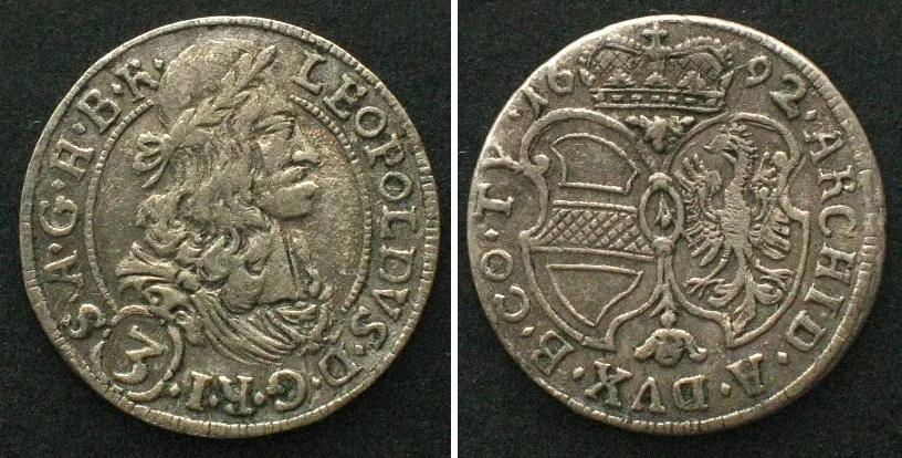 1692 AUSTRIA. 3 Kreuzer 1692 Hall mint LEOPOLD I silver XF! EF