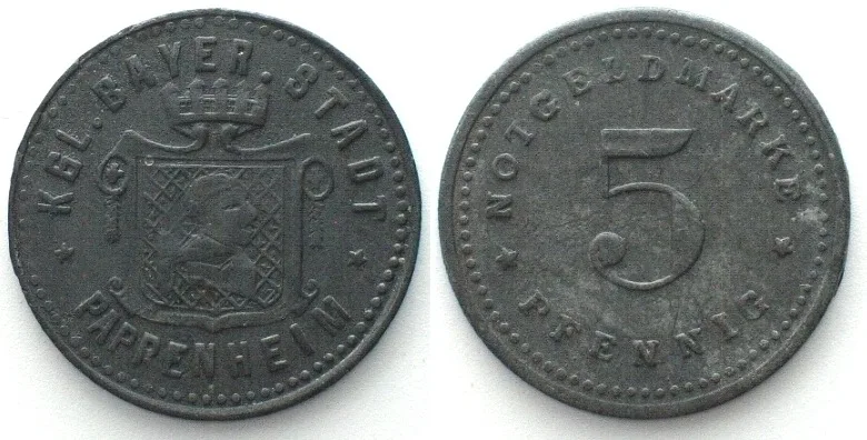 1917-1921 Germany PAPPENHEIM (Bavaria) 10 Pfennig ND, NOTGELD, zinc XF EF