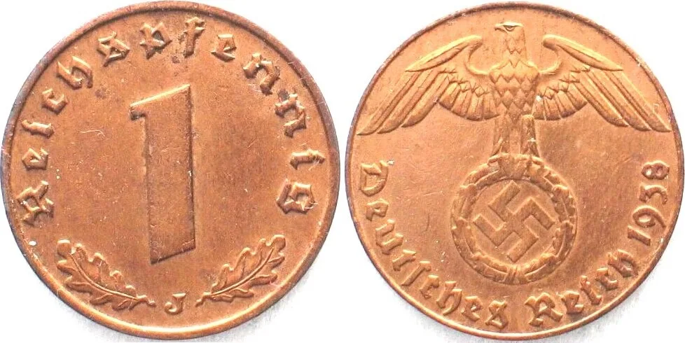 1938 Germany THIRD REICH 1 Reichspfennig 1938 J - Eagle side THIN EDGE - RARE! EF