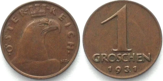 1931 AUSTRIA. 1 Groschen 1931, bronze, KEY DATE! AU!