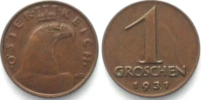 1931 AUSTRIA. 1 Groschen 1931, bronze, KEY DATE! AU!