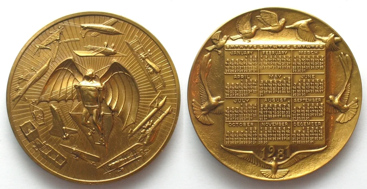 15 1981 1981 MAN & HIS FLYING MACHINE MEDALLIC ART CALENDAR MEDALLION by MARCEL JOVINE UNC