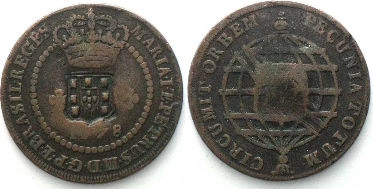 1809 BRAZIL. 20 Reis (1809) countermarked 10 Reis 1778 MARIA & PEDRO copper VF (XF)
