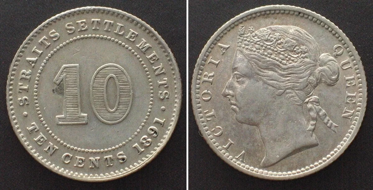 1891 STRAITS SETTLEMENTS 10 Cents 1891 VICTORIA silver AU!