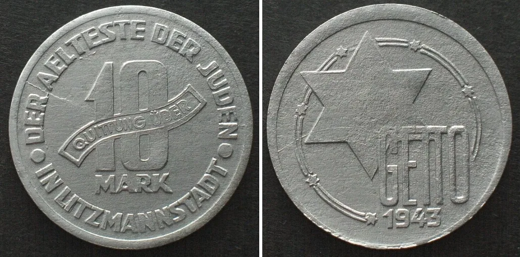 1943 Poland LODZ GHETTO 10 Mark 1943 Alu, thin planchet, UNC