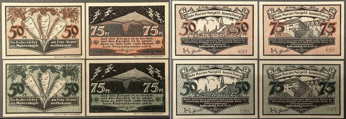 1921 GERMANY. Notgeld. ASCHERSLEBEN. 50 & 75 Pfennig 1921 green & red UNC