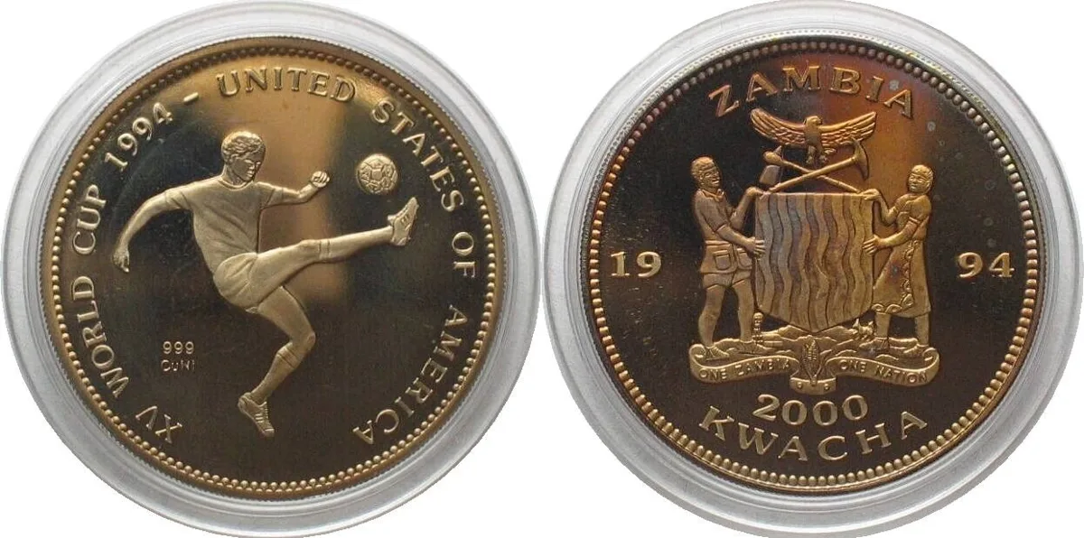 1994 ZAMBIA - PATTERN 2000 Kwacha 1994 WORLD CUP SOCCER Cu-Ni Proof