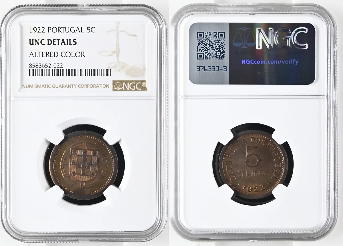 5C 1922 PORTUGAL. 5 Centavos 1922, bronze, KEY DATE! RRR! NGC UNC DETAILS