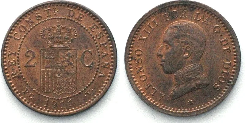 1911 SPAIN 2 Centimos 1911 (11) PC-V, ALFONSO XIII bronze UNC!