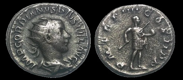 Gordian III, 238-244 AD. AR 21.4mm, 3.17gm Antoninianus, Rome. Emperor standing rev. Toned