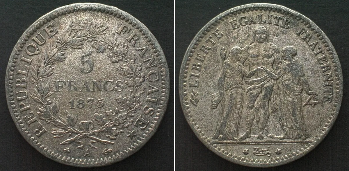 1875 FRANCE 5 Francs 1875 A, Contemporary counterfeit, lead/tin alloy EF