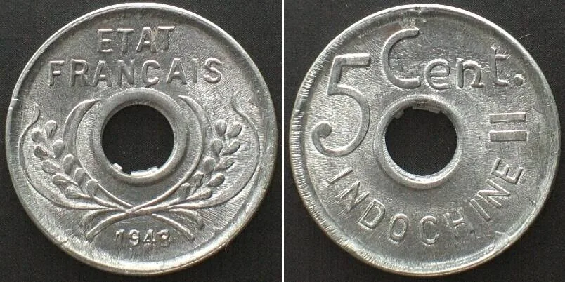 1943 FRENCH INDOCHINA 5 cents 1943 ETAT FRANCAIS Alu BU!!!