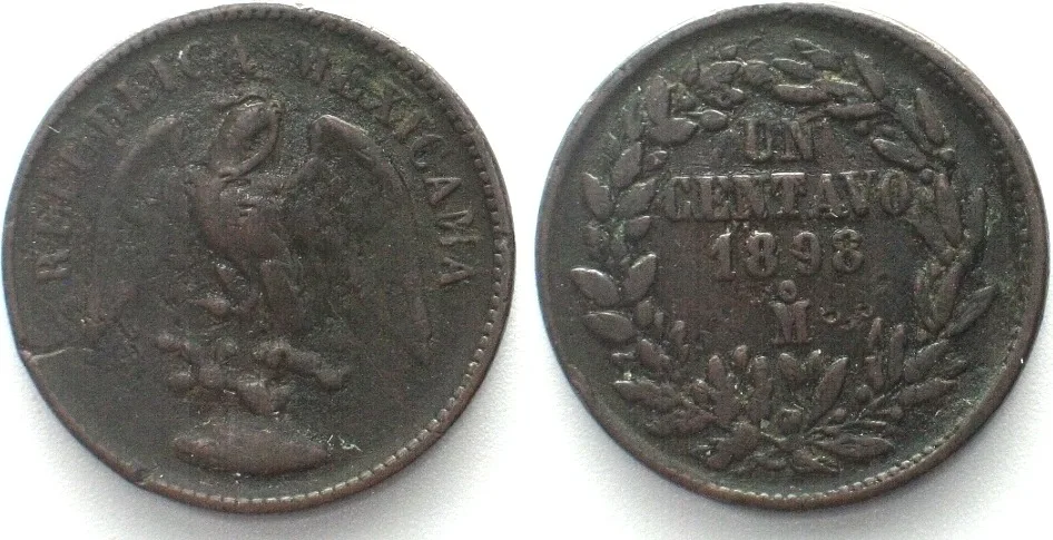 1898 MEXICO. 1 Centavo 1898 Mo, copper, VF
