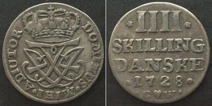 1728 DENMARK. 4 Skilling 1728, FREDERIK IV, silver VF+