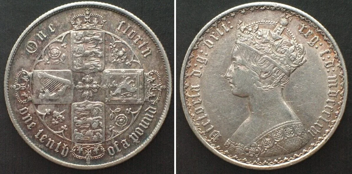 1866 GREAT BRITAIN. Gothic Florin 1866 die number 2, VICTORIA, silver AU!