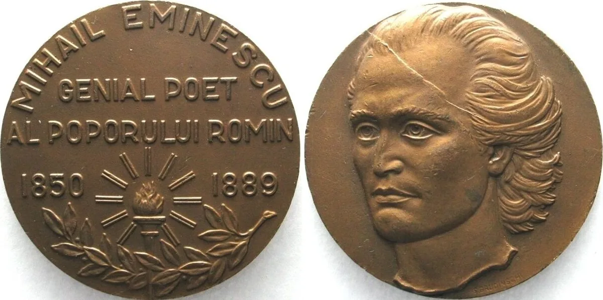 1980 ROMANIA 100th Years of Death MIHAI EMINESCU 1989 Bronze medal 60mm AU