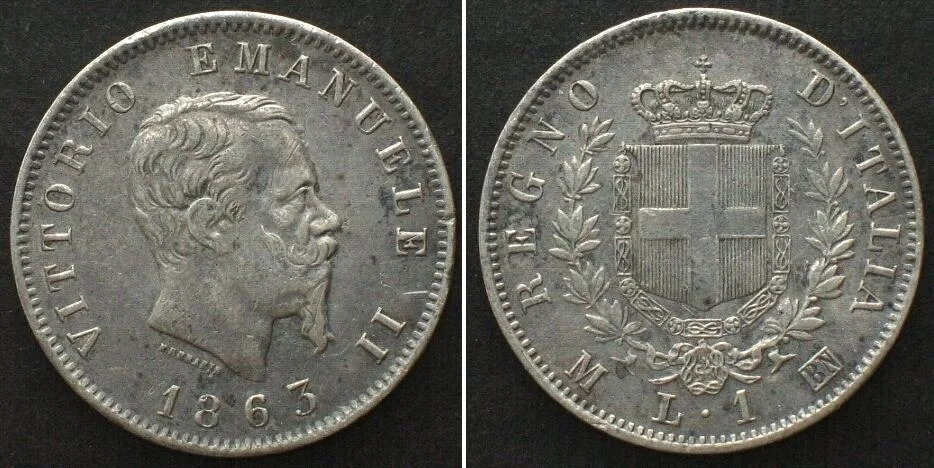 1863 ITALY. 1 Lira 1863 M BN, VITTORIO EMANUELE II, silver XF! EF