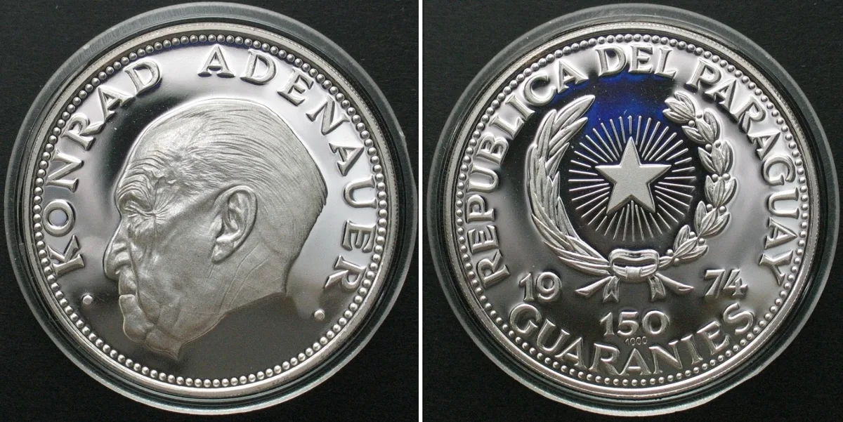 1974 PARAGUAY. 150 Guaranies 1974, KONRAD ADENAUER, silver Proof RARE! Proof