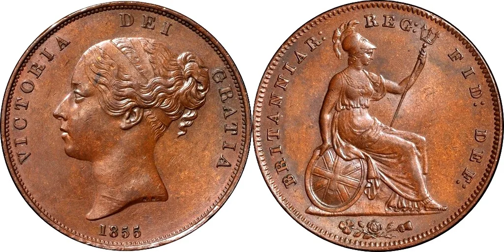 1855 Great Britain, Victoria 1st head, Large Penny in nUNC toned