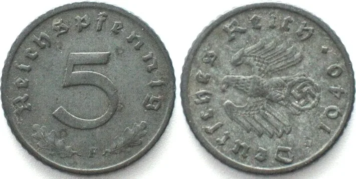 1940 Germany THIRD REICH. 5 Reichspfennig 1940 F - DIE ROTATION - zinc, aXF EF-