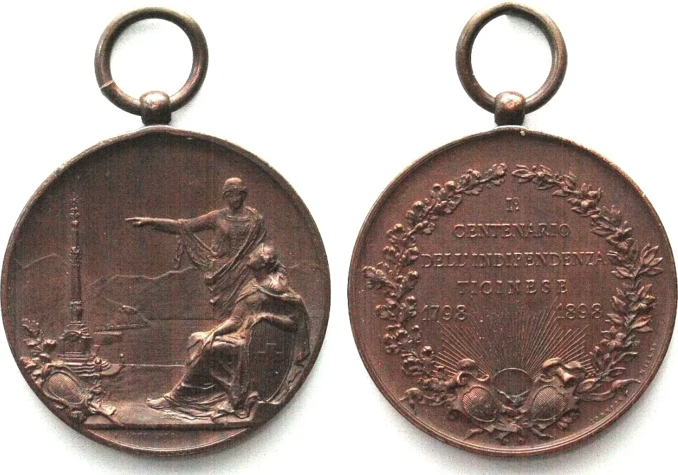 1898 Swiss TICINO 1ST CENTENNIAL OF INDEPENDENCE 1898 by Levi, bronze 36mm UNC