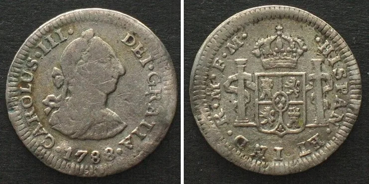 1788 MEXICO. 1/2 Real 1788 FM, Mo Mexico City, CHARLES III, silver VF+