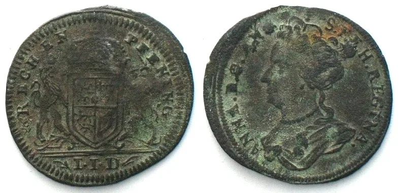 1711-1748 Queen ANNE. Counter by Johann Jakob Dietzel 1711-48, Nuremberg, brass 20mm VF+