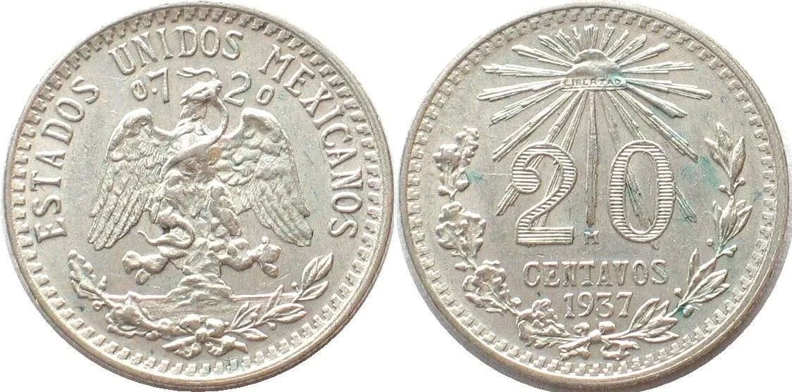 1937 MEXICO. 20 Centavos 1937, silver, UNC-