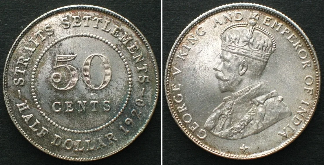 1920 STRAITS SETTLEMENTS. 50 Cents 1920, GEORGE V, silver BU!!!